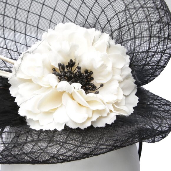 Sinamay Mesh Fascinator Feathers Flowers Hat Headband Wedding Party  Black Cream - Picture 9 of 10